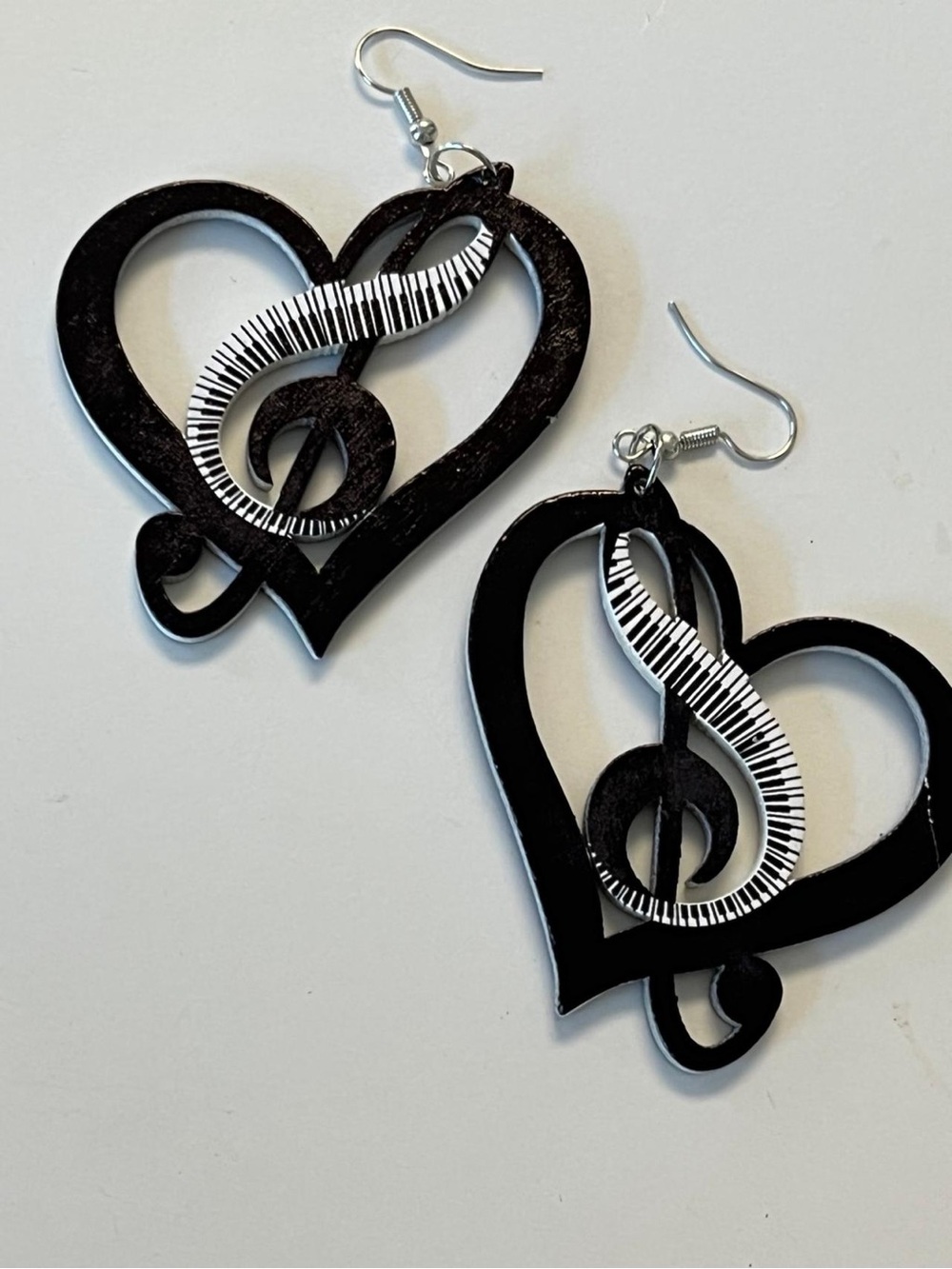 Black Heart Treble Clef Earrings with Piano Key Accent